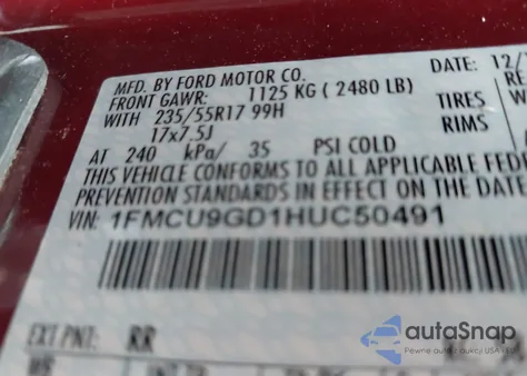 2017 Ford Escape Se из США, поврежденный, VIN 1FMCU9GD1HUC50491